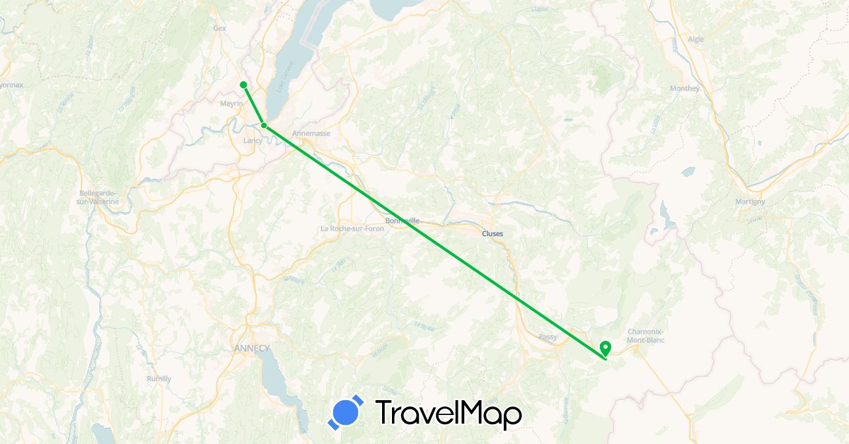 TravelMap itinerary: driving, bus in Switzerland, France (Europe)
